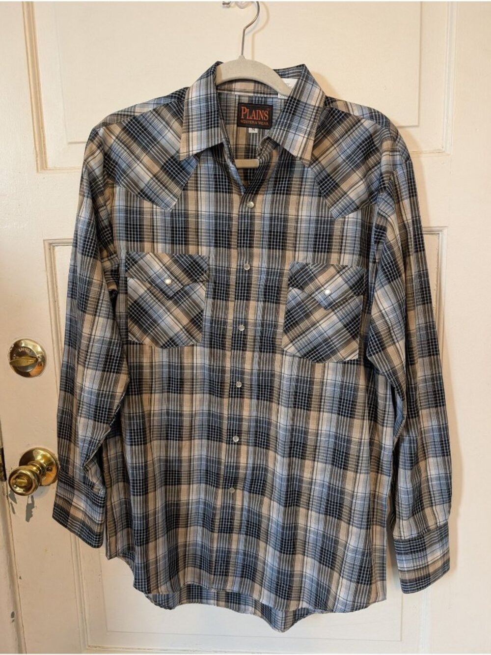 Men's Long-sleeve Blue & Tan Plaid Western Pearl Snap Shirt Size M Rodeo